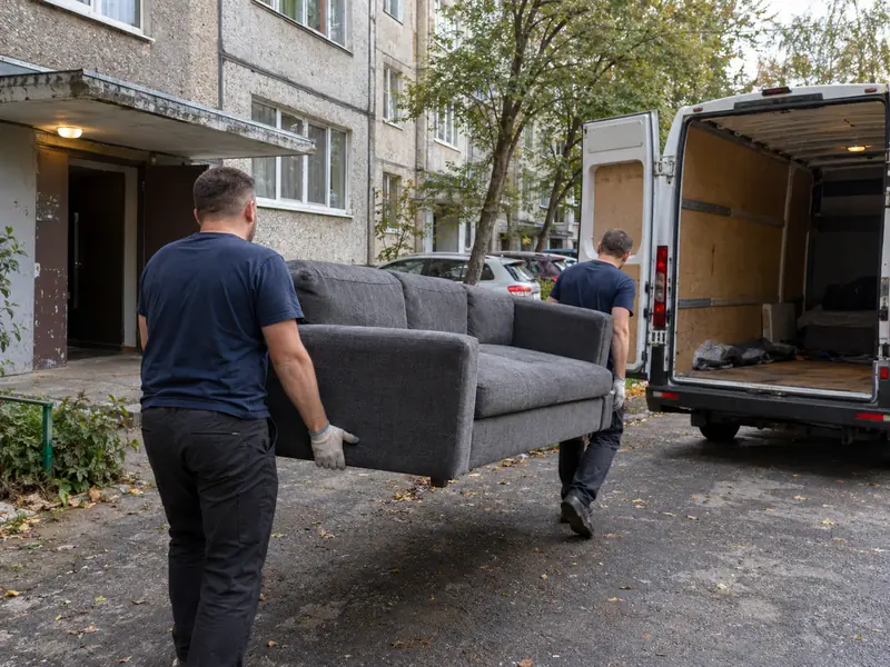 Грузчики в Харькове выносят мебель из подъезда к машине